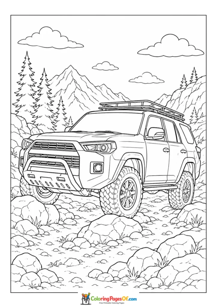 Off-road SUV on a rocky mountain trail printable coloring sheet