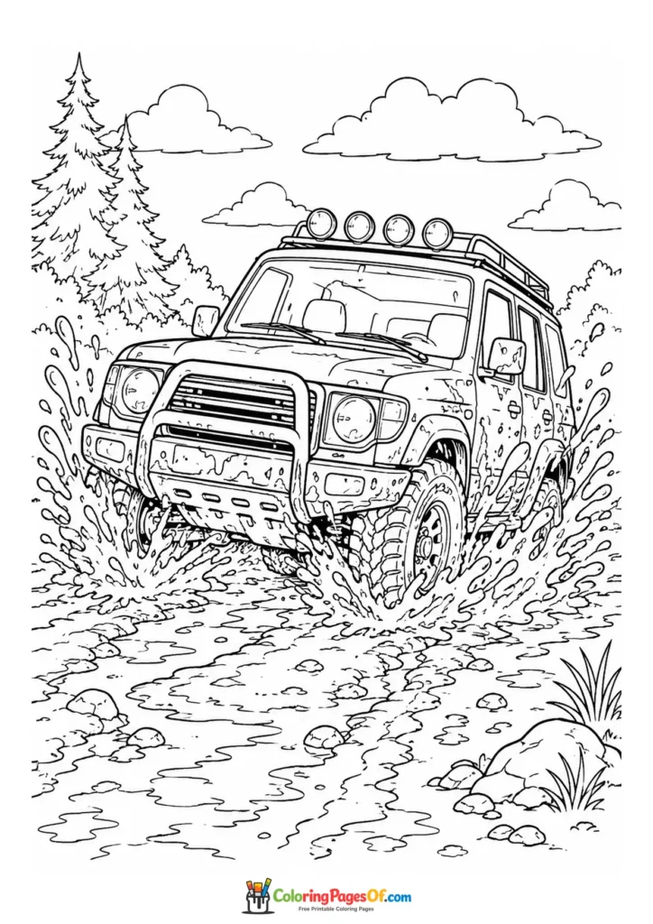 Black and white off-road suv splashing through mud coloring page