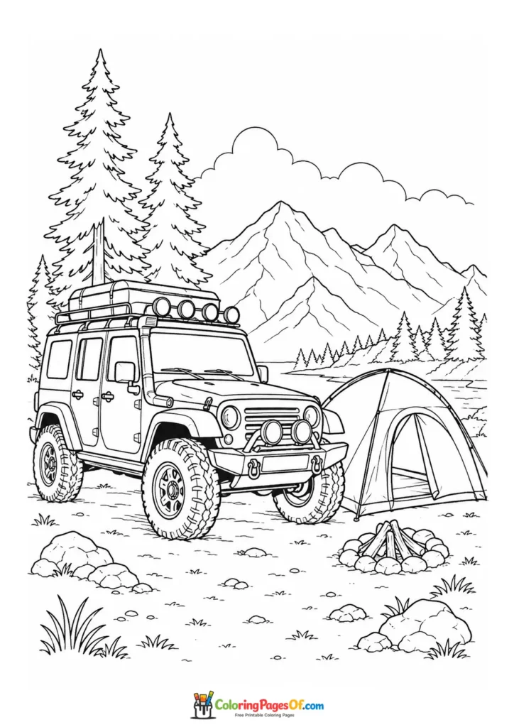Off-road vehicle beside a tent coloring page
