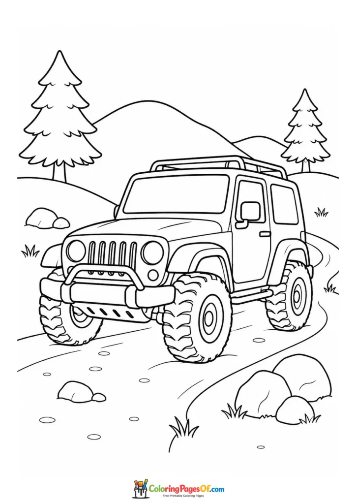 Printable off-road vehicle on a mountain trail coloring picture