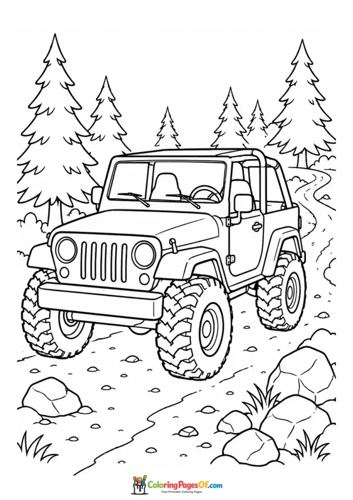Black and white off-road vehicle on a rocky mountain path coloring page