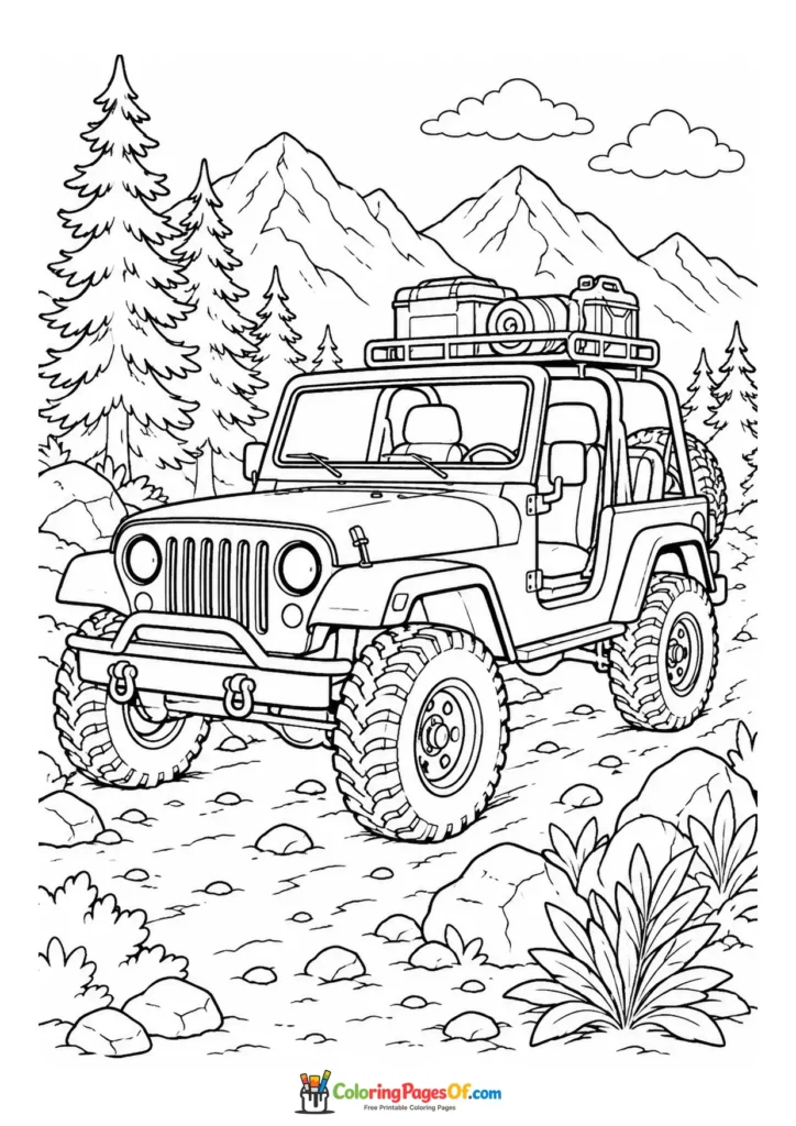 Printable open-top off-road vehicle on a mountain trail coloring picture