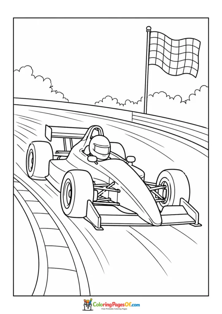 Printable open-wheel race car on a track coloring picture