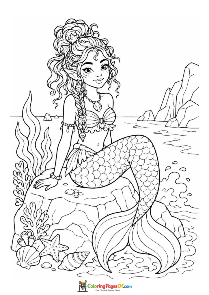 Ornate Fantasy Mermaid on a Rocky Shore coloring page