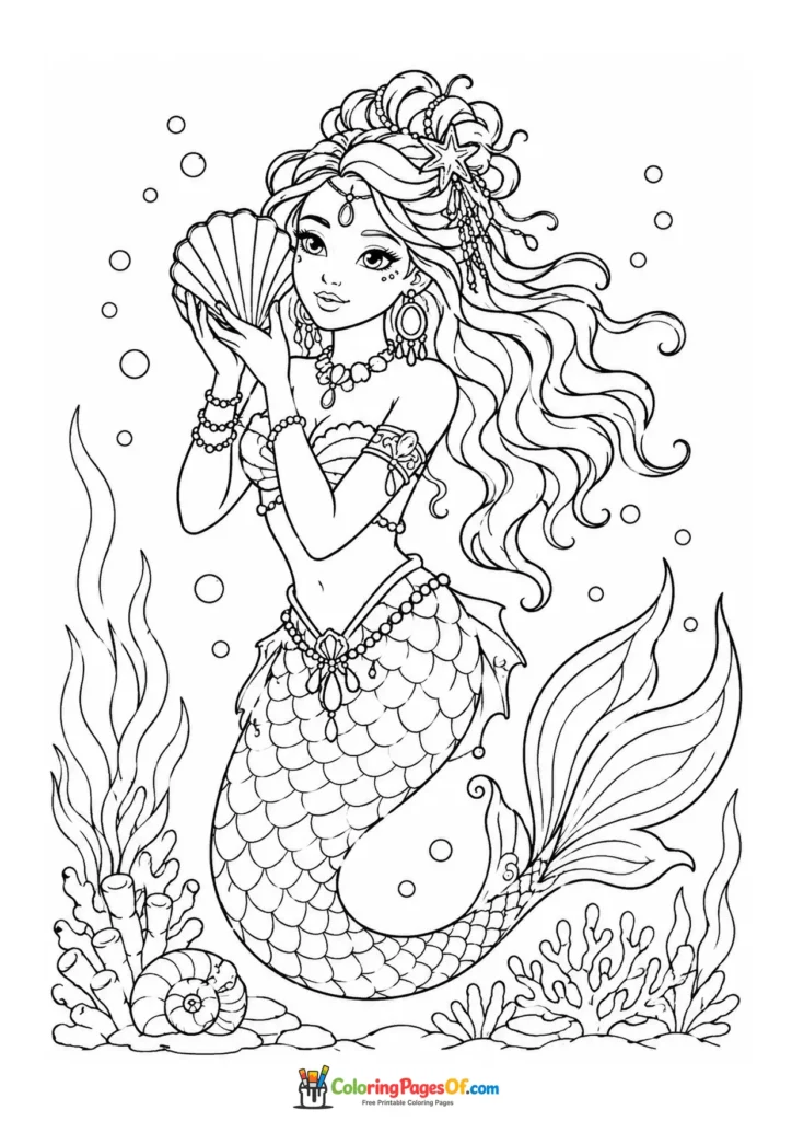Ornate Mermaid Holding a Large Seashell coloring page