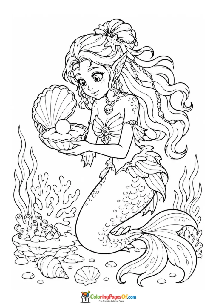 Ornate Mermaid Holding an Open Pearl Shell coloring page