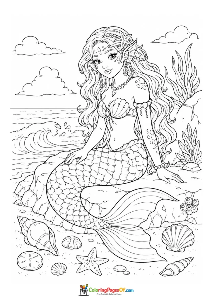 Ornate Mermaid Sitting by the Shore coloring page