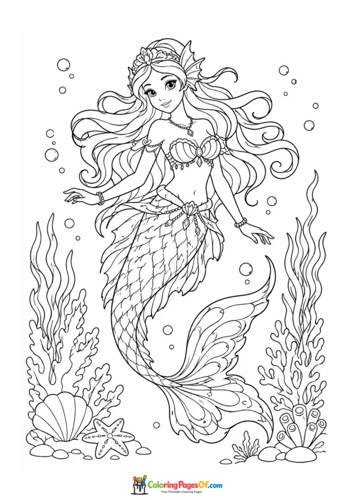 Ornate Mermaid Swimming Above Seashells coloring page