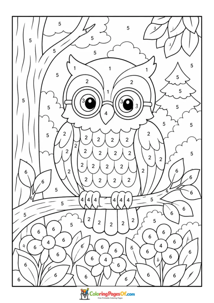 Owl in Forest at Night color by number coloring page