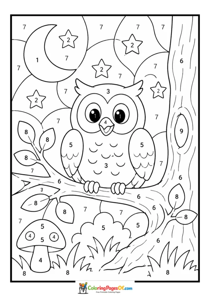 Owl on Tree at Night color by number coloring page