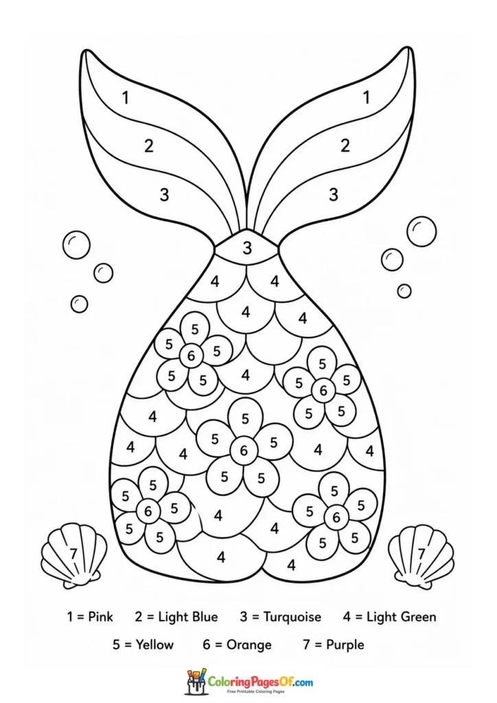 Patterned Mermaid Tail with Bubbles – Color by Number coloring page