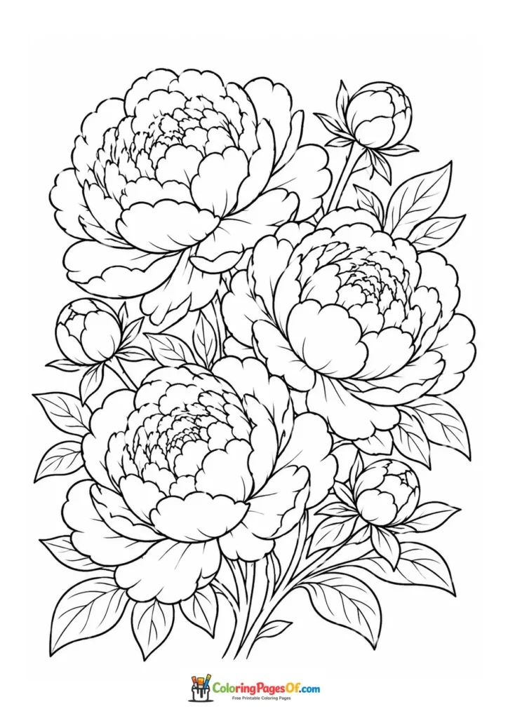 Full bouquet of large peony flowers and buds coloring page