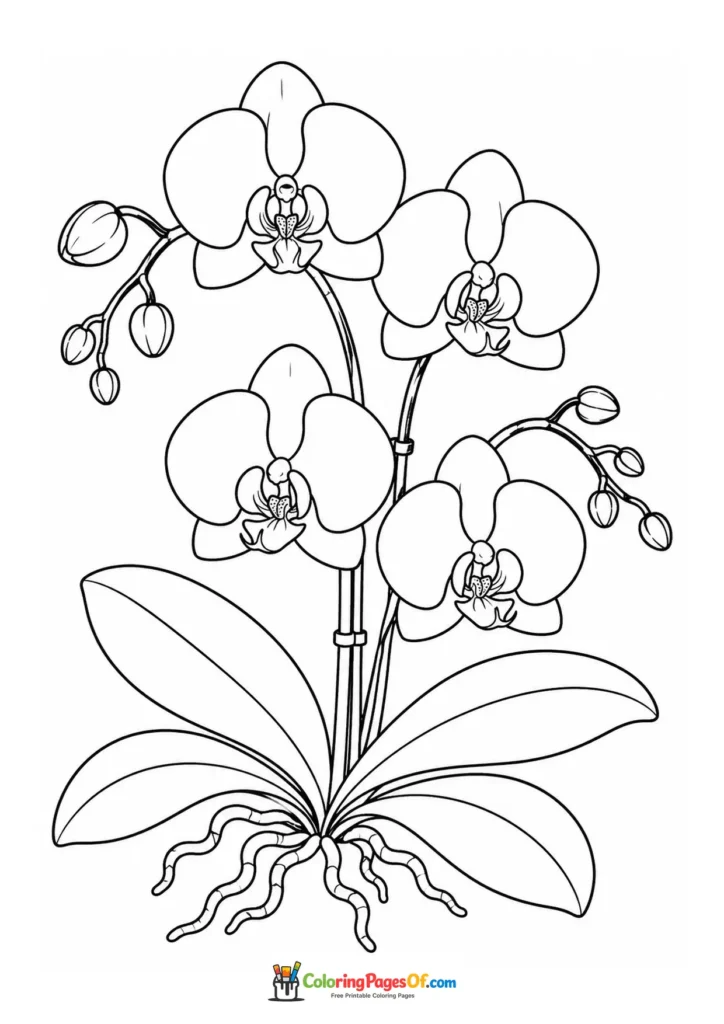 Detailed orchid plant with four large flowers and visible roots coloring page