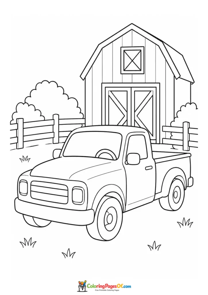 Pickup truck by a country barn printable coloring sheet