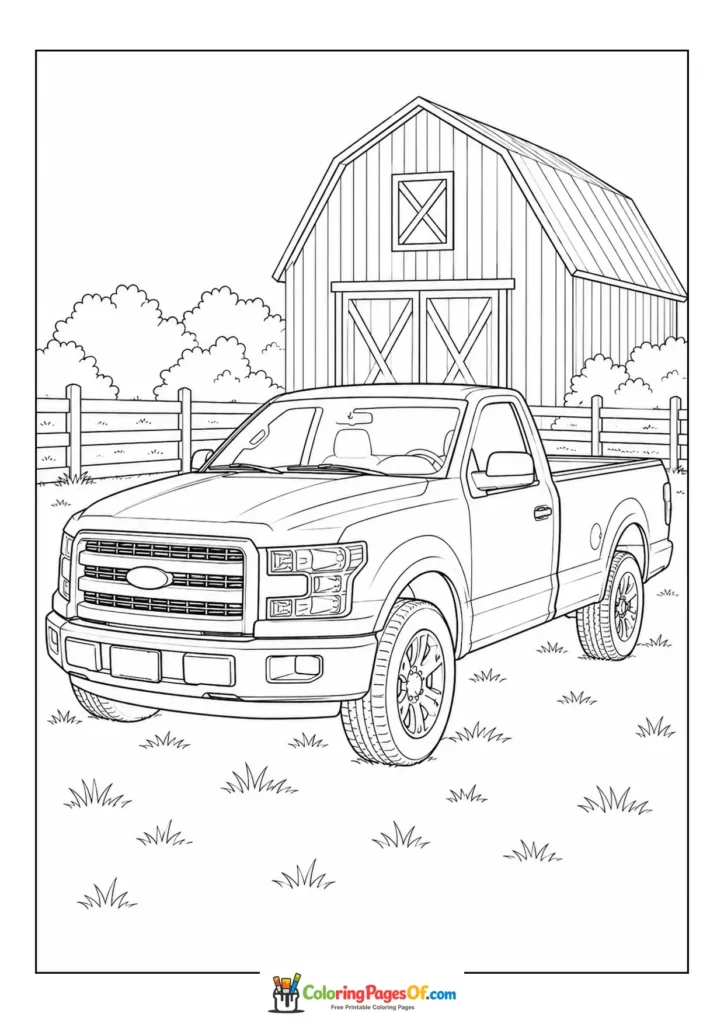 Pickup truck in front of a barn printable coloring sheet