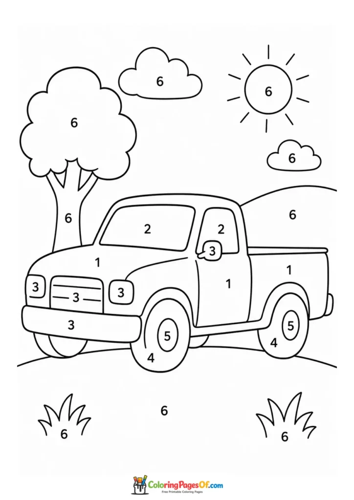 Pickup truck landscape color by number coloring page