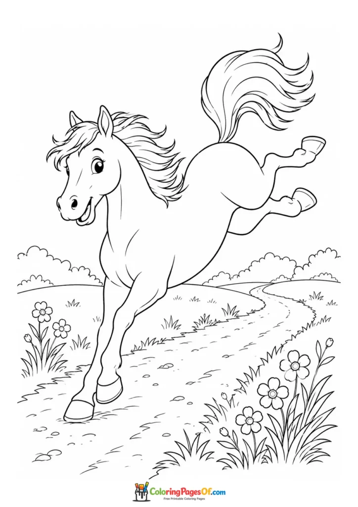 Playful bucking horse on a country path coloring page