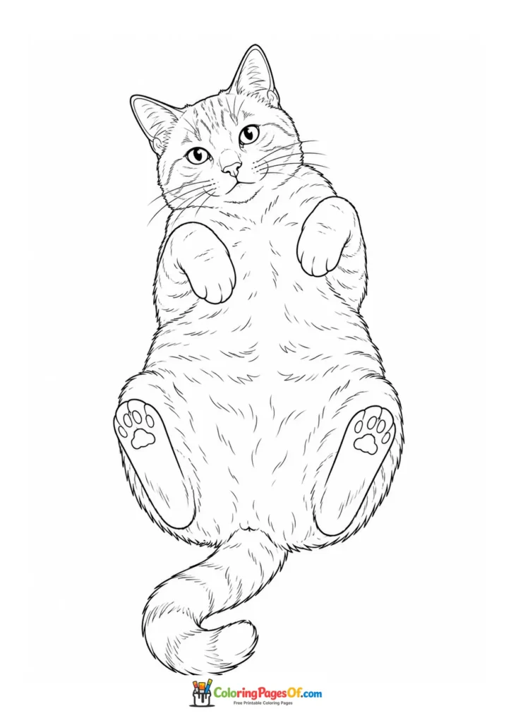 Playful cat on its back with paws up – printable black and white coloring page