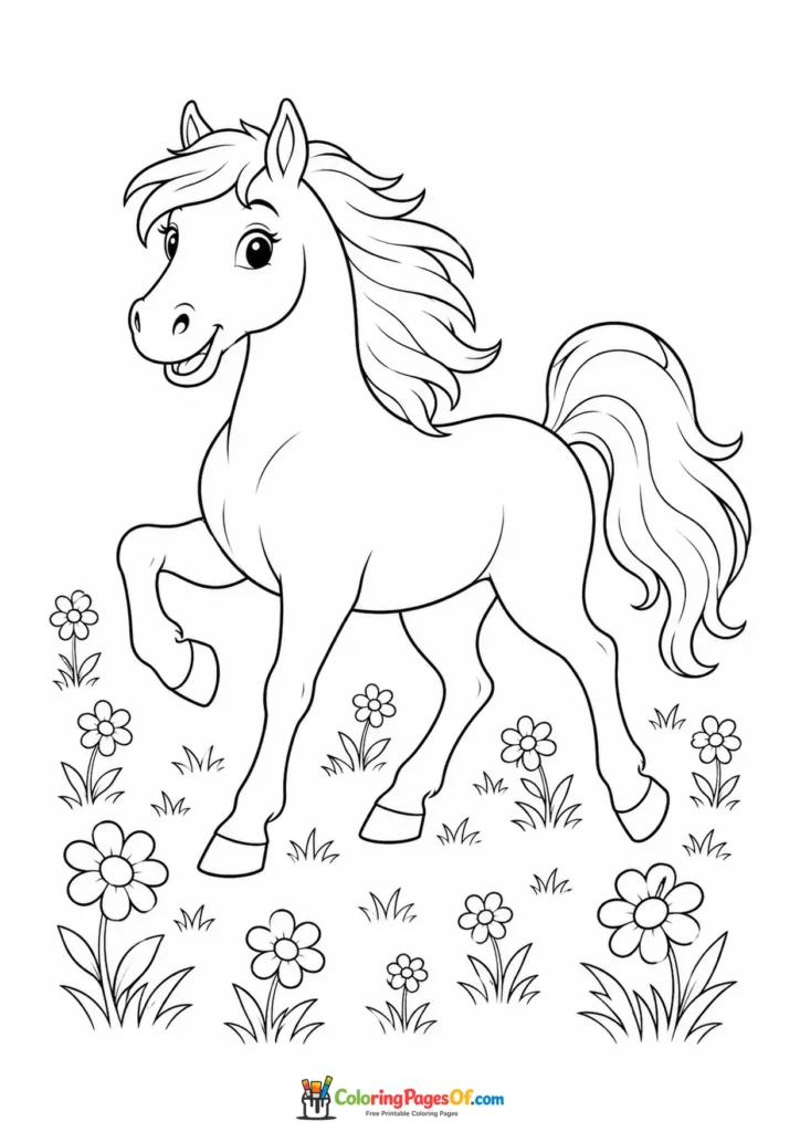 Playful horse in a flower meadow coloring page