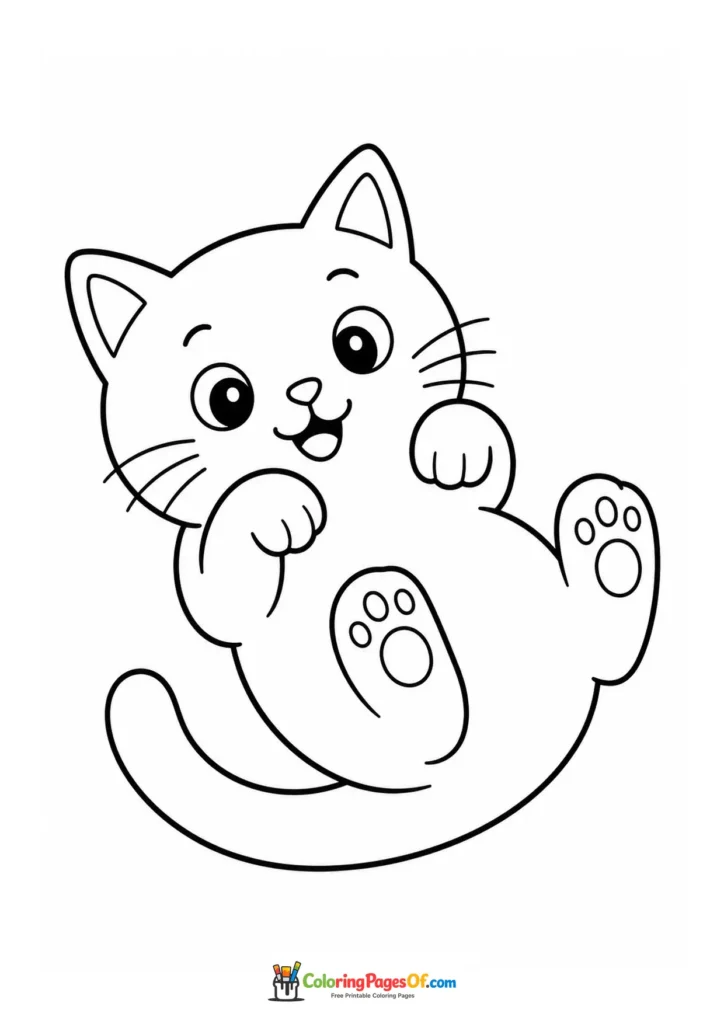 Playful kitten on its back with paws up – printable black and white coloring page