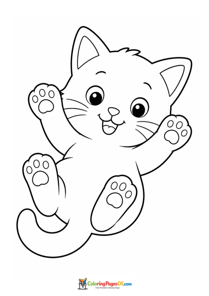 Playful kitten with paws in the air – printable black and white coloring page