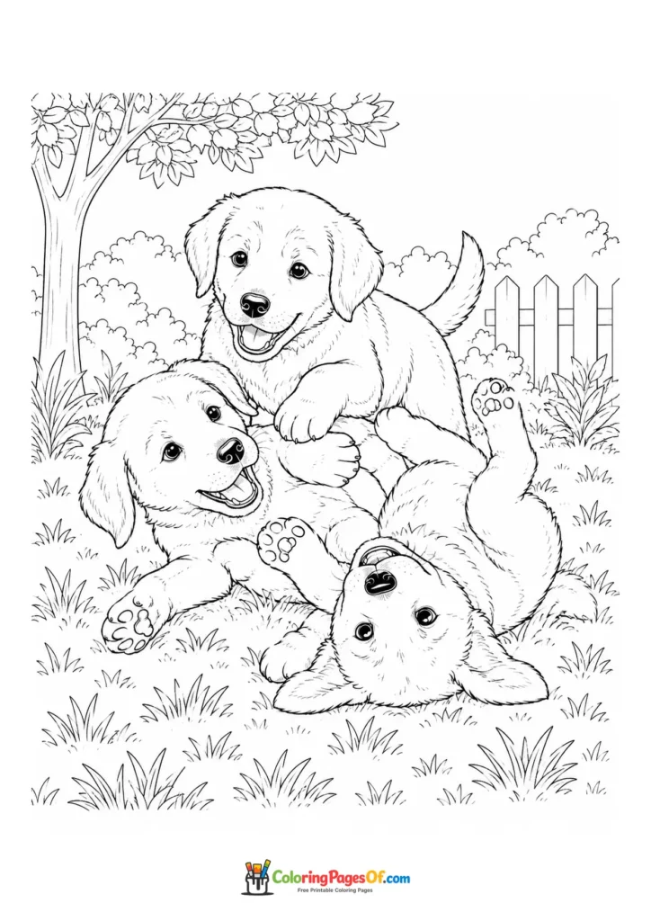 Playful puppies wrestling coloring page