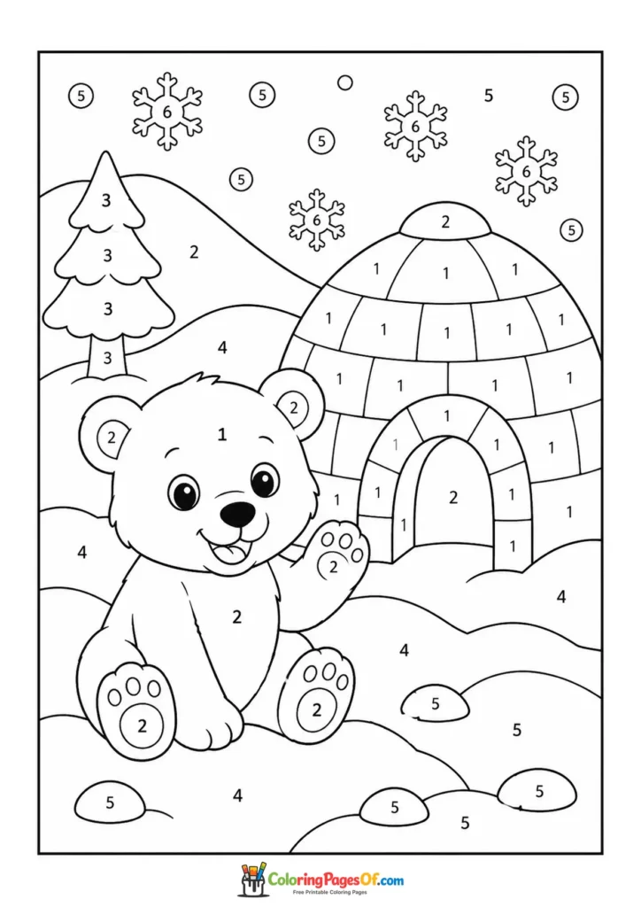 Polar Bear by Igloo color by number coloring page