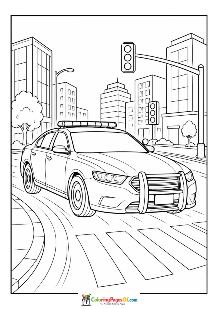 Black and white police car at a city intersection coloring page