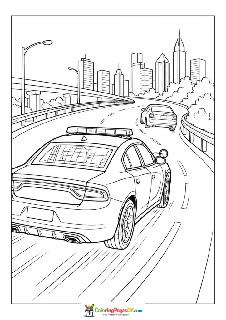 Police car chasing another car on a highway coloring page