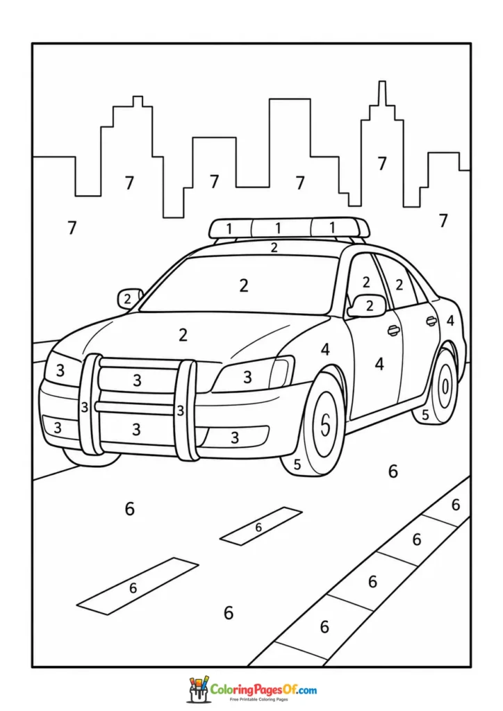Police Car in City color by number coloring page