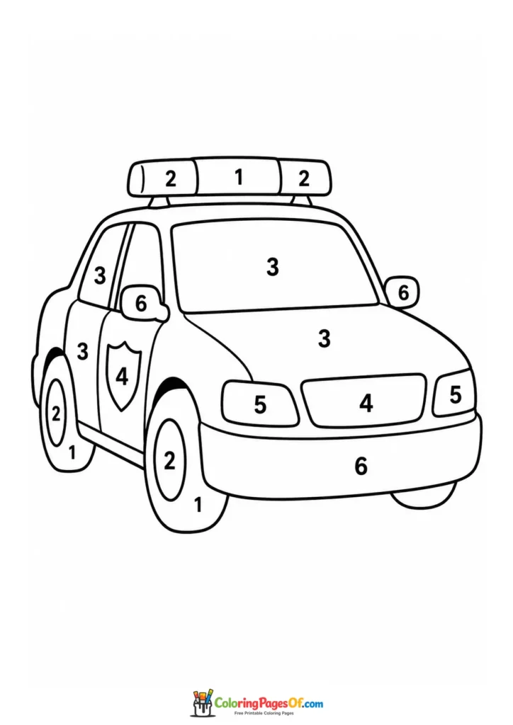 Printable police patrol car color by number coloring picture