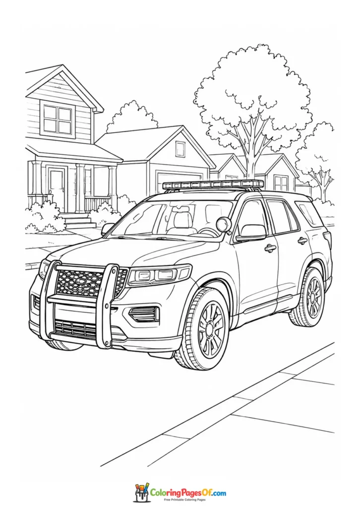 Police SUV on a residential street printable coloring sheet