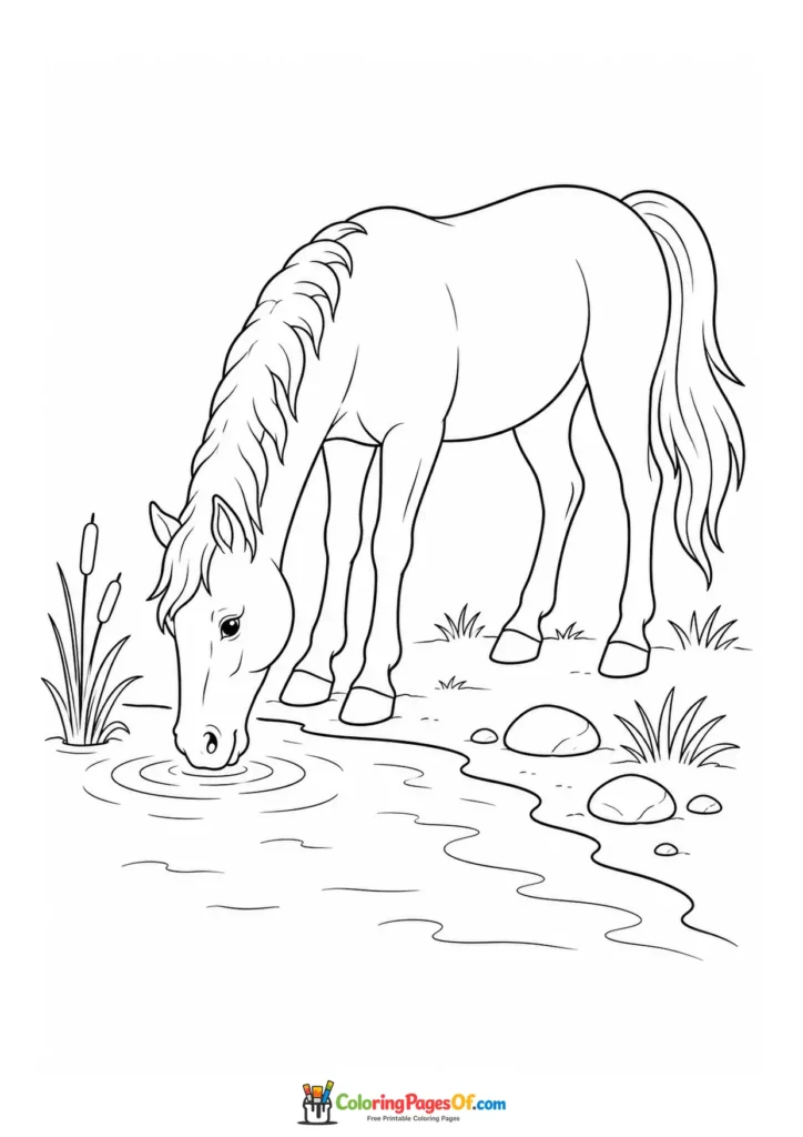 Pony drinking from a pond coloring page