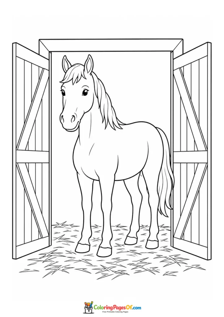 Pony in a stable doorway coloring page