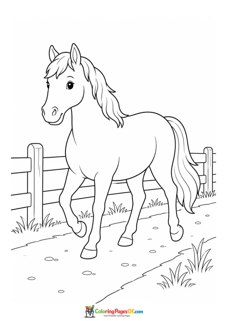 Pony walking on a country lane coloring page