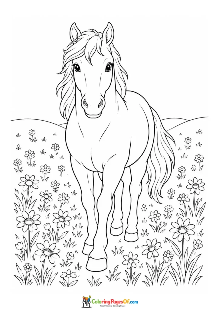 Pony walking through a flower meadow coloring page