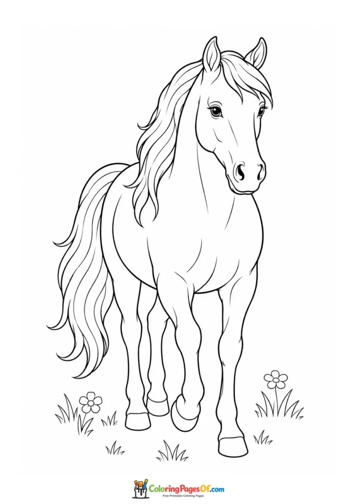 Pretty horse among flowers coloring page