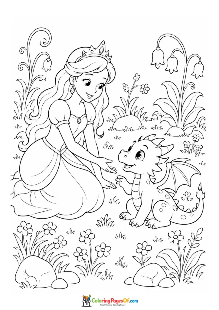 Princess playing with a baby dragon in a flower garden coloring page