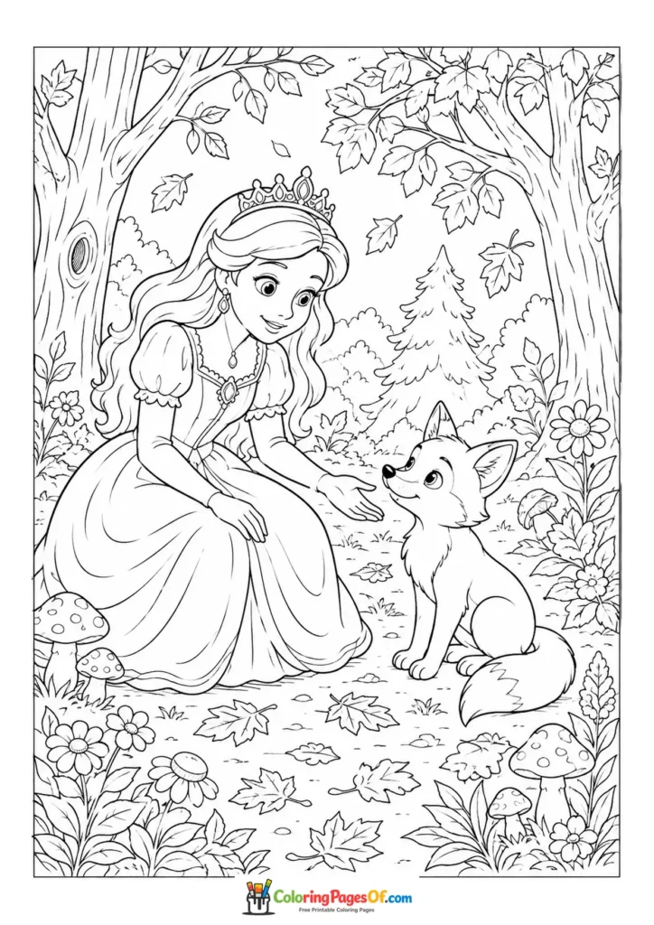 Princess sitting with a fox in an autumn forest coloring page