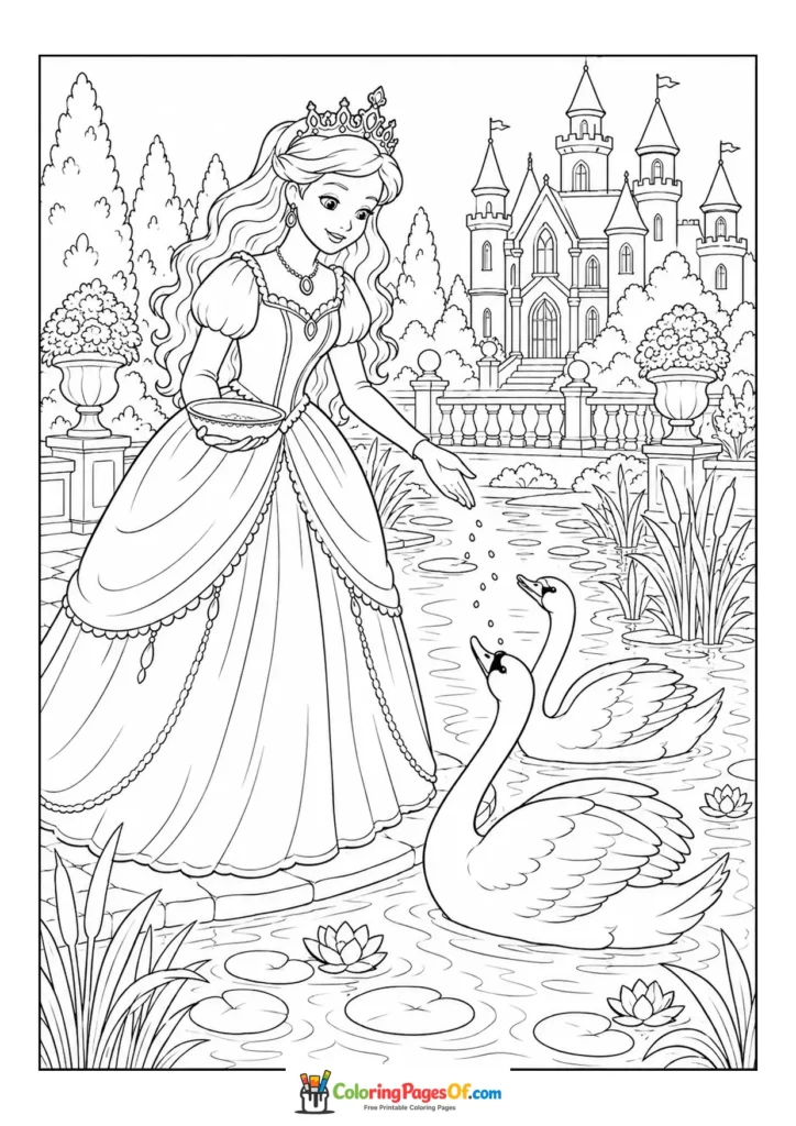 Princess standing with a swan beside a castle pond coloring page