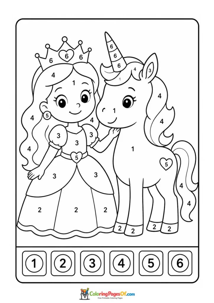 Princess standing beside a unicorn color by number activity
