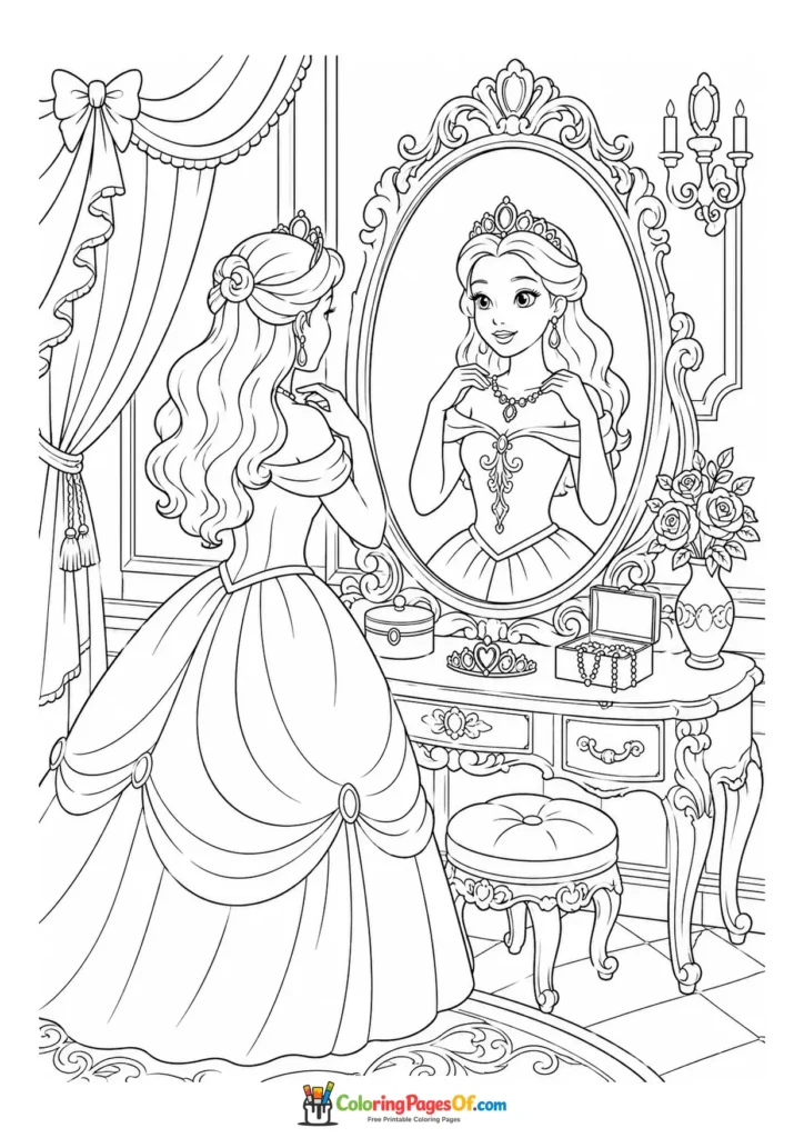 Princess looking into an ornate mirror at a dressing table coloring page