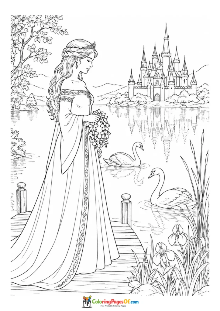 Princess standing by a lake with swans and a castle coloring page