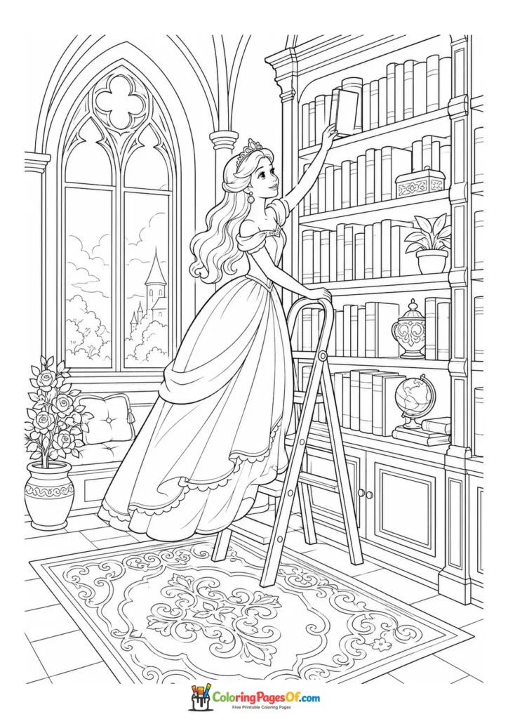 Princess choosing a book from a castle library shelf coloring page