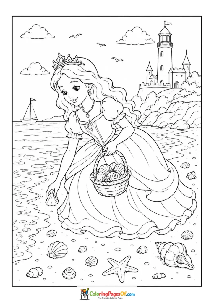 Princess collecting seashells on a beach near a castle coloring page