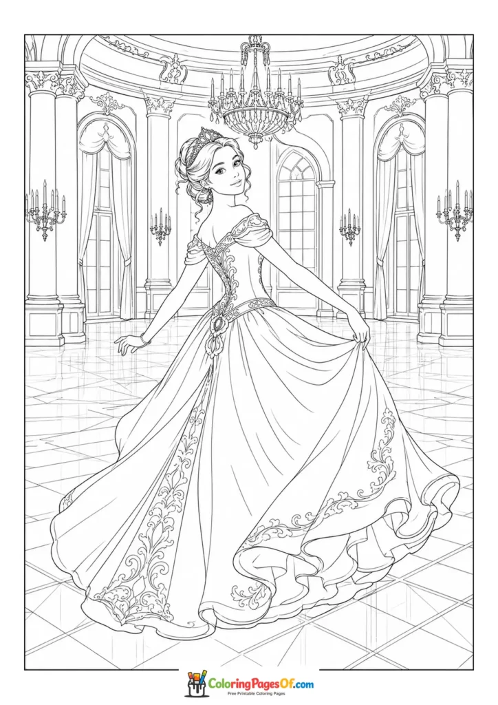 Princess dancing in a grand palace ballroom coloring page