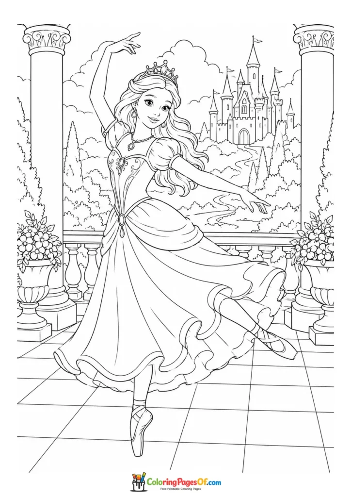 Princess dancing on a castle terrace coloring page
