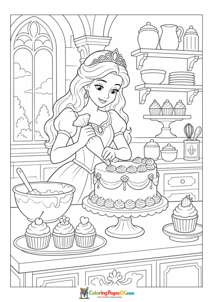 Princess decorating a large cake in a castle kitchen coloring page