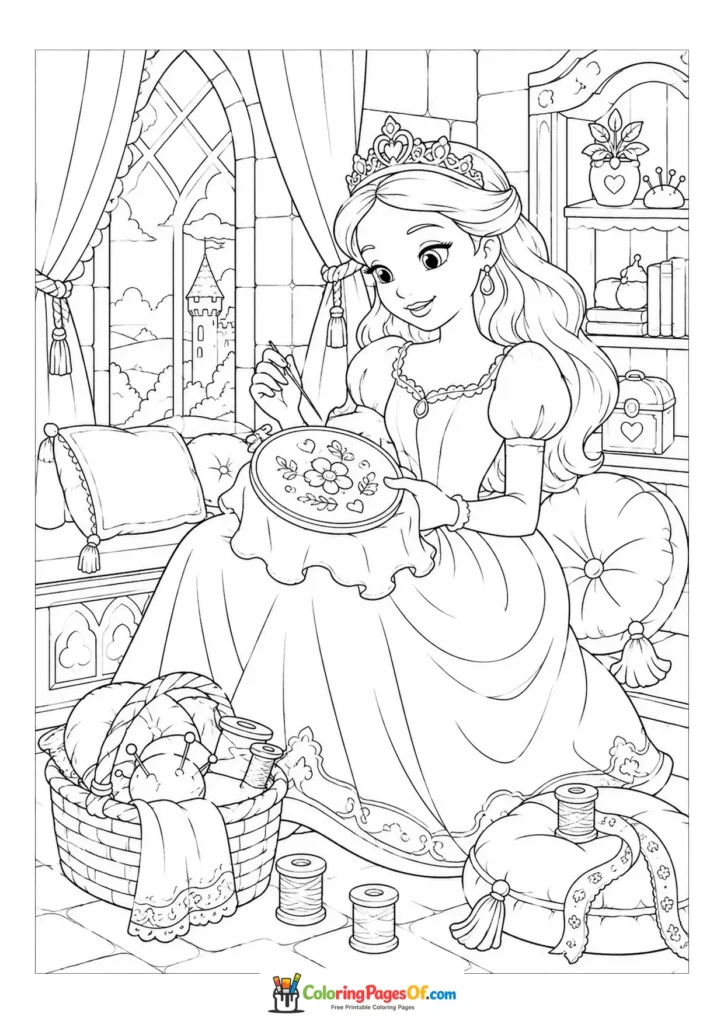 Princess embroidering a decorative cushion in a castle room coloring page