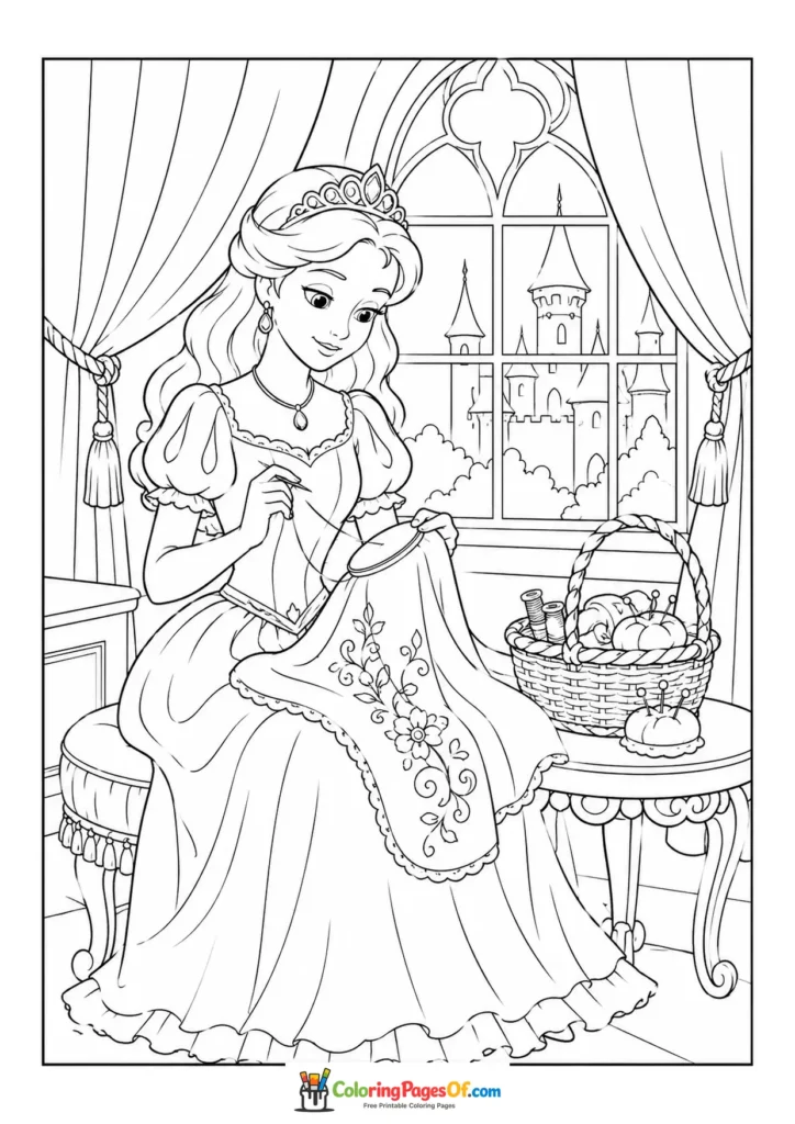 Princess embroidering a flower pattern by a window coloring page